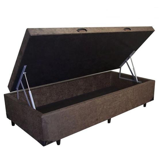 Imagem de Cama Box Baú Solteiro Blindado Suede Marrom com pistão a gas