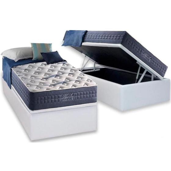 Imagem de Cama Box Baú Solteiro: Colchão Molas Ensacadas Anjos MasterPocket  Blue Sea + Base CRC Courano Branco(88x188)