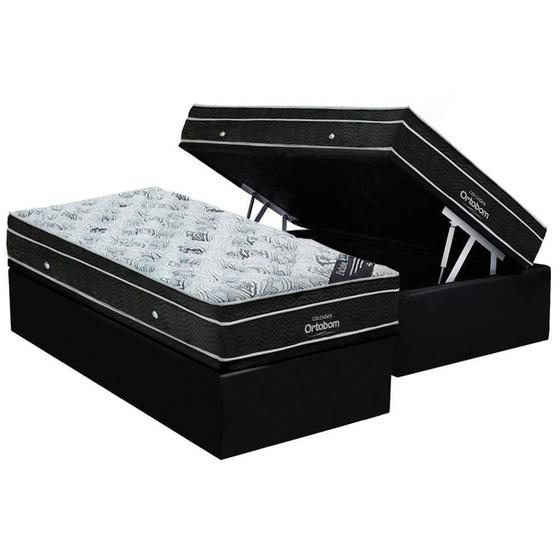 Imagem de Cama Box Baú Solteiro: Colchão Molas Ortobom Nanolastic Exclusive + Base CRC Suede Black(88x188)