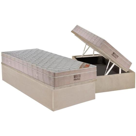 Imagem de Cama Box Baú Solteiro: Colchão Molas Ortobom SuperPocket Fort Airtech Spring + Base CRC Suede Clean(88x188)