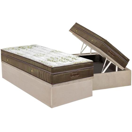 Imagem de Cama Box Baú Solteiro: Colchão Molas Ortobom SuperPocket Gold Ultra Gel + Base CRC Suede Clean(88x188)