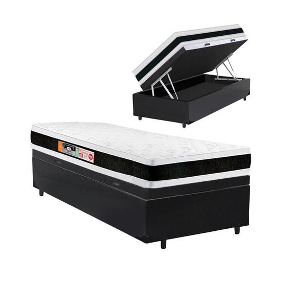 Imagem de Cama Box Baú Solteiro King Preta + Colchão Espuma D45 - Castor - Black White Double Face 96x203x69cm