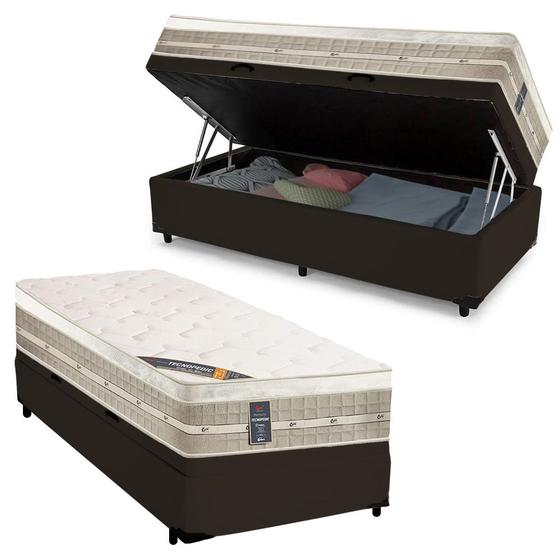 Imagem de Cama Box Baú Solteiro King Sintético + Colchão Castor Premium com Euro Pillow e Molas Tecnopedic  96X203X72 Marrom