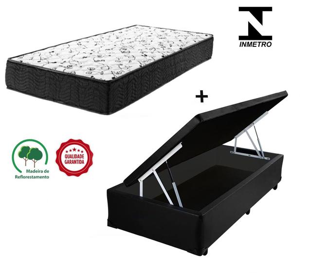 Imagem de Cama Box Baú Solteiro Sintético Preto + Colchão Solteiro Espuma D33 Com EPS 28x88x188