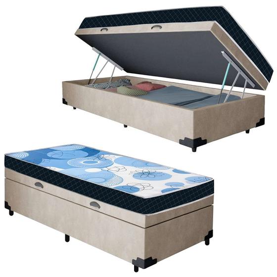 Imagem de Cama Box Baú Solteiro Suede + Colchão D20 Omega Azul Valle 88x188x56