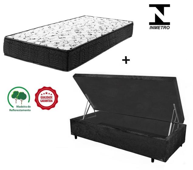 Imagem de Cama Box Baú Solteiro Suede Preto + Colchão Solteiro Espuma D23 Com EPS 24x88x188