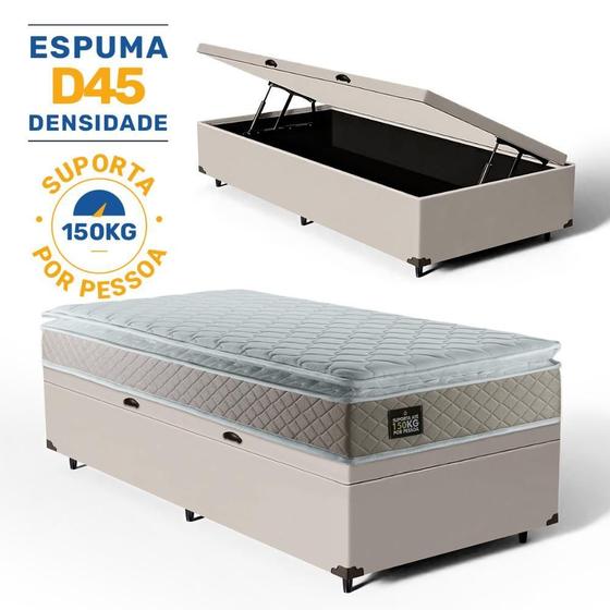 Imagem de Cama Box Baú Solterio + Colchão Strong D45 One Face Bege 88x188x66cm - Suporta até 150Kg Por Pessoa