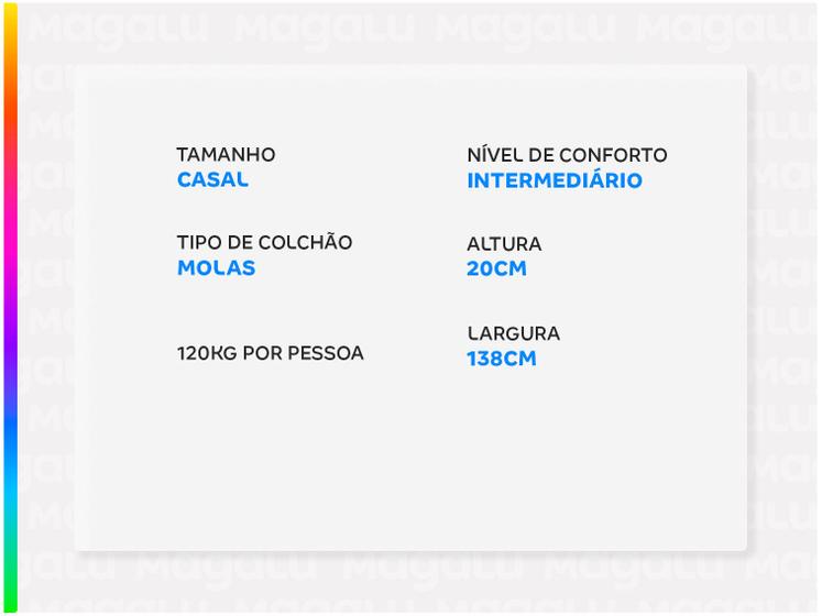 Tabela informativa com dimensões e especificações técnicas da cama box casal Umaflex