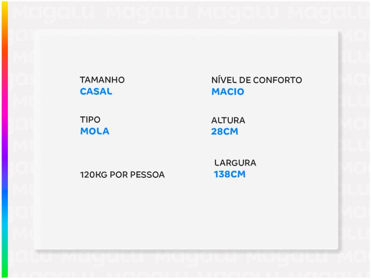Tabela de especificações do produto: Tamanho Casal, Tipo Mola, 120kg por pessoa, Nível de Conforto Macio, Altura 28cm, Largura 138cm.