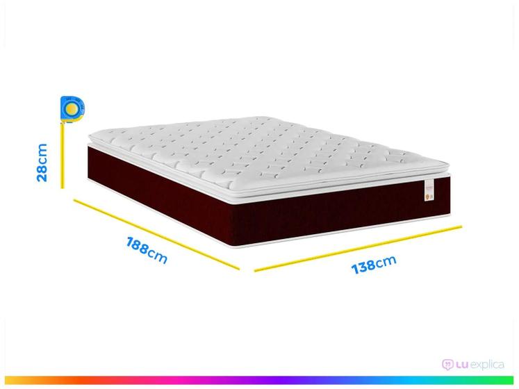 Cama box casal com colchão de mola na cor vinho, com marcações de medidas de comprimento (188cm), largura (138cm) e altura (28cm).