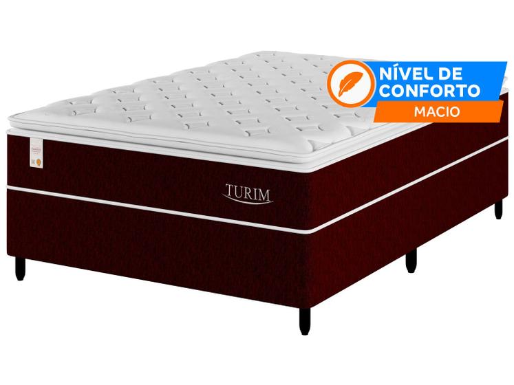 Cama box casal com colchão de mola na cor vinho e selo de nível de conforto macio.