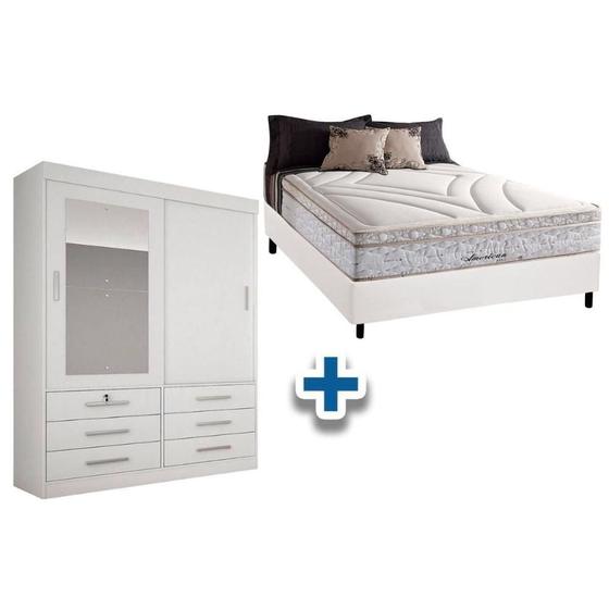 Imagem de Cama Box Casal + Colchão American Herval + Guarda Roupa Sonare Branco