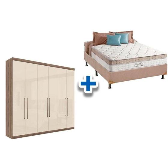 Imagem de Cama Box Casal + Colchão King Best + Guarda Roupa Imaginare 6.4 Castanha/Off White