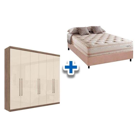 Imagem de Cama Box Casal + Colchão Scotland Herval + Guarda Roupa Imaginare 6.4 Castanha/Off White