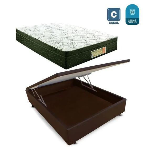 Imagem de Cama Box casal com baú marrom + Colchão Molas bonnel 1,38 x 1,88 x 24 cm