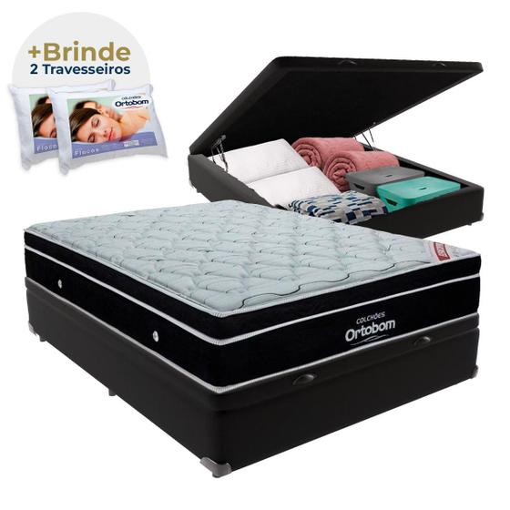 Imagem de Cama Box Casal Preto Baú Colchão Ortobom Elegant EuroPillow