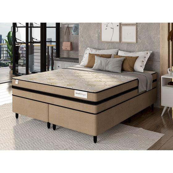 Imagem de Cama Box Casal Queen Size c/ Colchão Smart Milano D26 de Molas Ensacadas 158x198 Bege/Branco - Plumatex