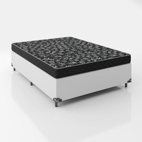 Imagem de Cama Box Casal Tecido Sintético Branco  com Colchão Espuma  D28 - Tampo Preto 12cm