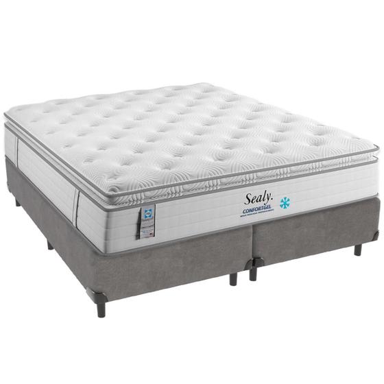 Imagem de Cama Box Cinza e Colchão Confort Gel Molas Ensacadas com Pillow Top Queen Sealy