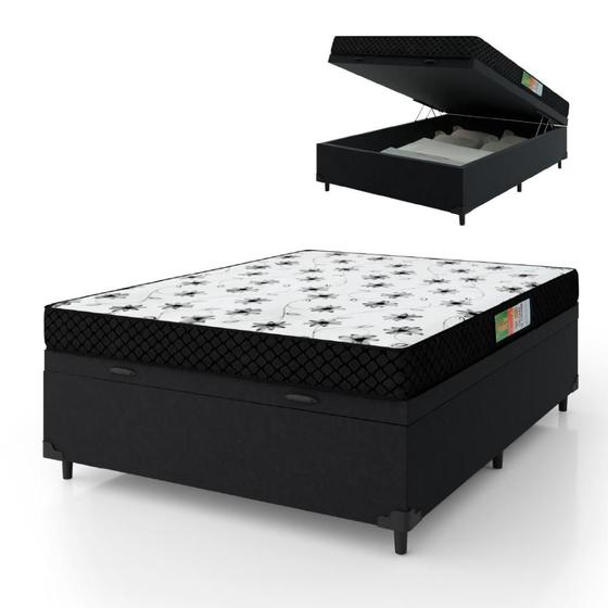 Imagem de Cama Box Com Baú Casal Colchão Espuma 138x188x50cm Polar Branco / Preto