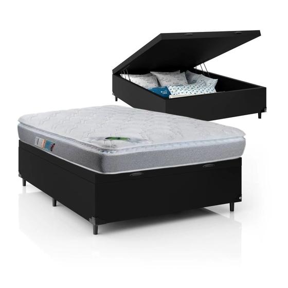 Imagem de Cama Box Com Baú Casal Preto + Colchão Casal Luckspuma Colchões Molas Ensacadas Maxi Life 138x188x28