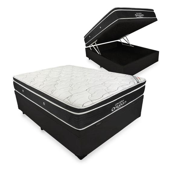 Imagem de Cama Box Com Baú Casal Preto + Colchão De Molas Ensacadas - Ortobom Elegant SuperPocket 138x188x70cm