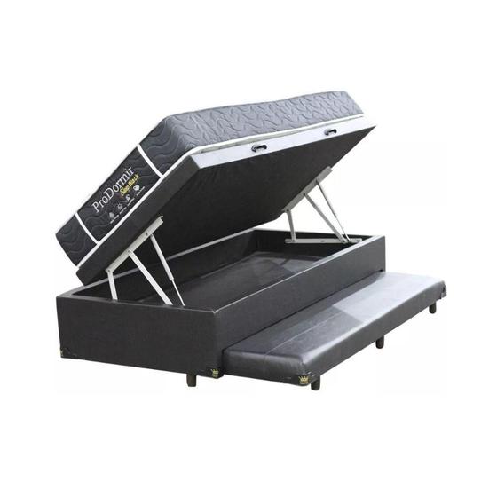 Imagem de Cama Box Com Baú e Auxiliar Solteiro + Colchão De Molas - Probel - Sleep Black 88cm