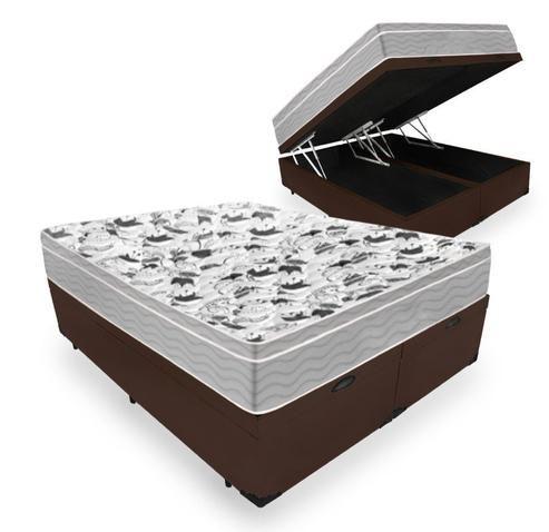 Imagem de Cama Box Com Baú Queen Bipartido Tecido Sintético Marrom com Colchão De Molas Ensacadas - Probel - Evolution 158cm