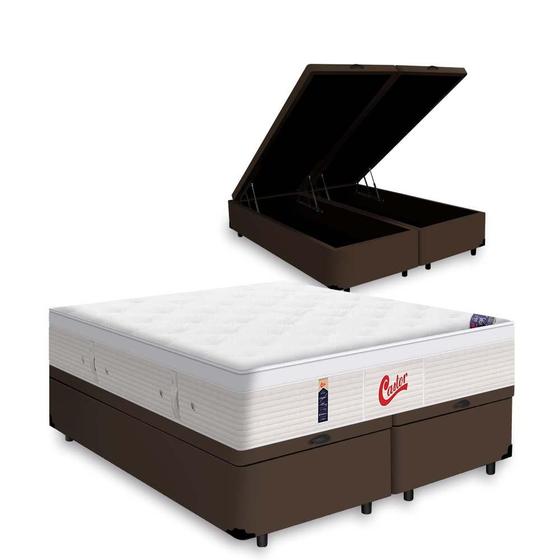 Cama Box Com Baú Queen Marrom + Colchão de Molas Ensacadas Castor Vitagel Pocket Euro 158cm