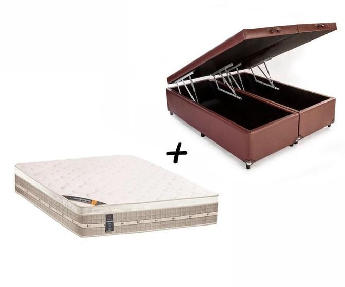 Imagem de Cama Box Com Baú Queen Sintético Marrom + Colchão Castor Queen Molas Premium Tecnopedic 158x198