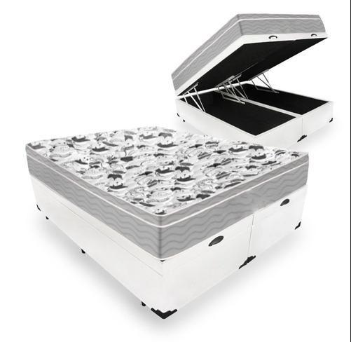 Imagem de Cama Box Com Baú Queen Tecido Sintético Branco com  Colchão De Molas Ensacadas - Probel - Evolution 158cm