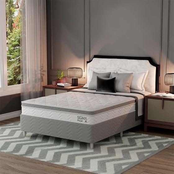 Imagem de Cama Box com Colchão Casal Sigma Molas Ensacadas (22x138x188) Branco e Cinza