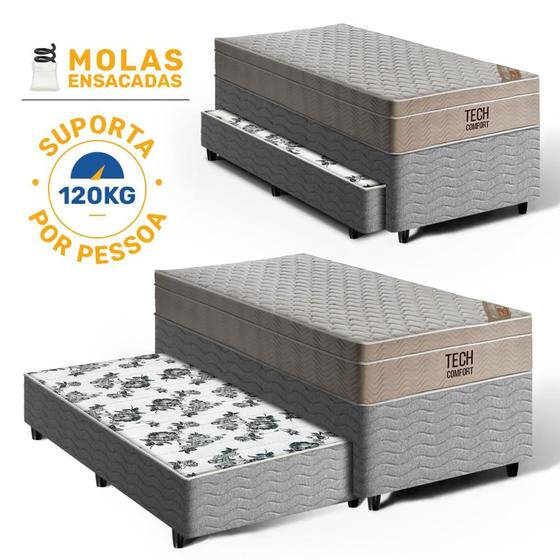 Imagem de Cama Box com Colchão de Molas Ensacadas Pillow In TechComfort + Auxiliar de Molas Unique Solteiro 88cm