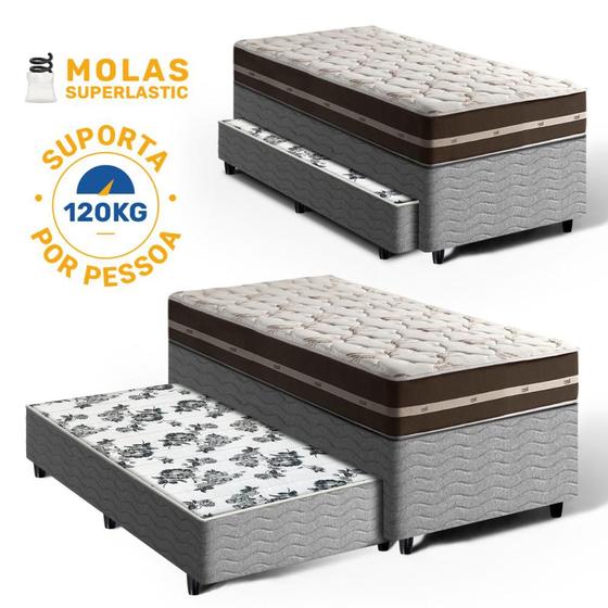 Imagem de Cama Box com Colchão de Molas Solteiro Anjos Classic Superlastic + Auxiliar de Espuma Unique Solteiro 88cm