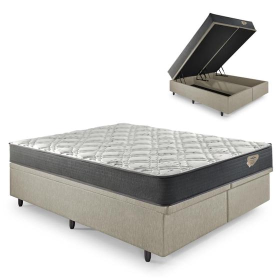 Imagem de Cama Box Queen Baú Resistente Bege com Colchão Adapto Molas Ensacadas
