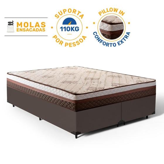 Imagem de Cama Box Queen + Colchão Siena Molas Ensacadas Marrom  158x198x59cm - Suporta até 110kg Por Pessoa