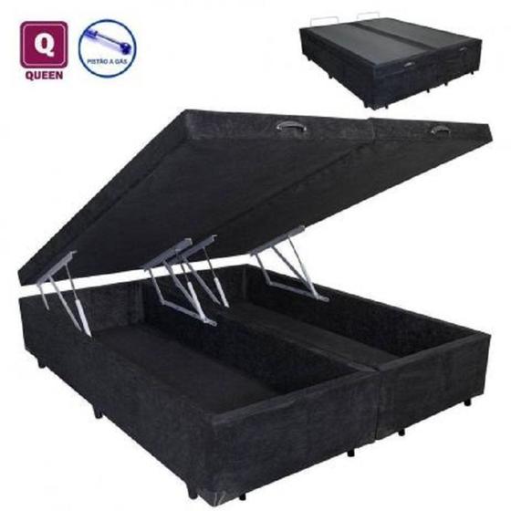 Imagem de Cama Box QUEEN SIZE com Bau Pistão a gás preto suede Bipartido - 158x198x27