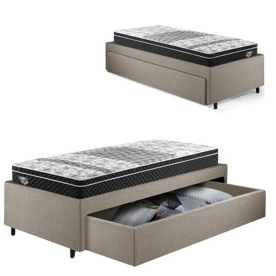 Imagem de Cama Box Solteirão com Gaveta 88x188cm Revestida em Linho Bege com Colchão Gransleep Ecoflex