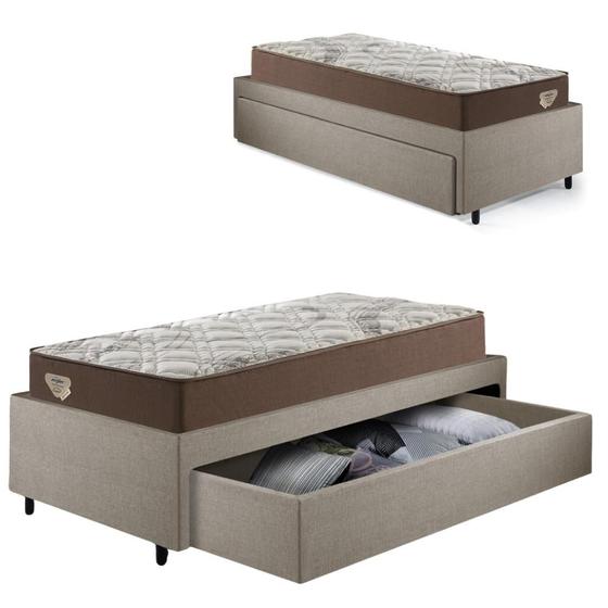 Imagem de Cama Box Solteirão com Gaveta 88x188cm Revestida em Linho Bege com Colchão Relax Adorabile Ecoflex