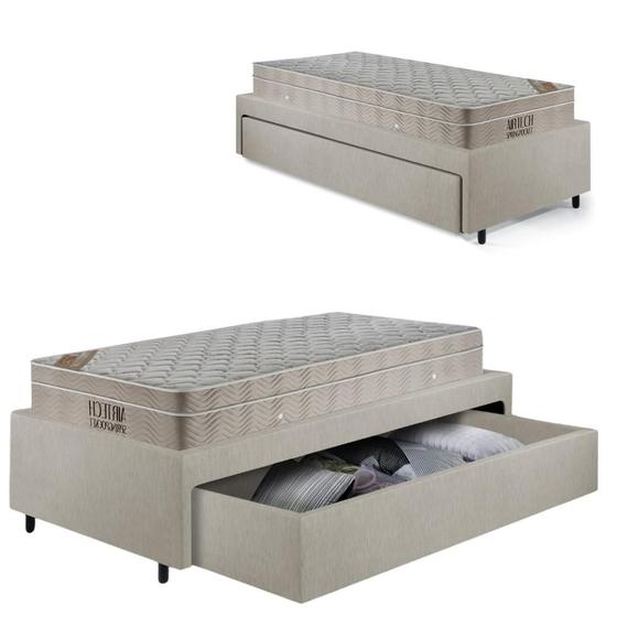 Imagem de Cama Box Solteirão com Gaveta 88x188cm Revestida em material sintético Linho Areia com Colchão Airtech Ortobom