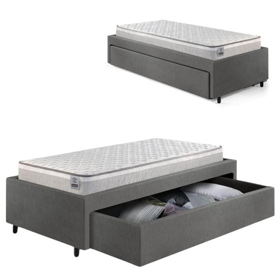 Imagem de Cama Box Solteirão com Gaveta 88x188cm Revestida em material sintético Linho Cinza com Colchão Hanover  Inducol