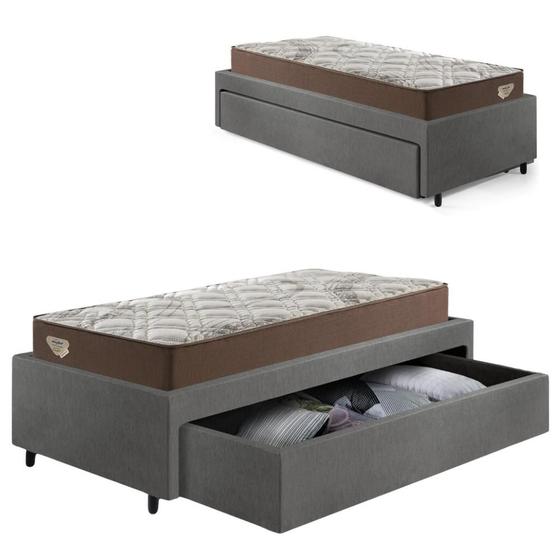 Imagem de Cama Box Solteirão com Gaveta 88x188cm Revestida em material sintético Linho Cinza com Colchão Relax Adorabile Ecoflex