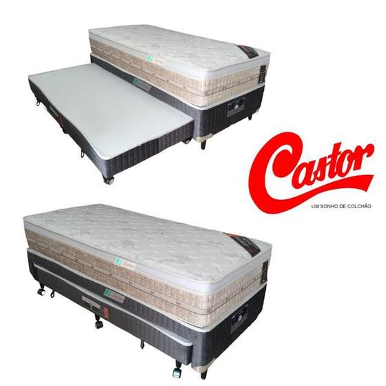 Imagem de Cama Box  Solteiro Castor c/ auxiliar Espuma Silver Star Cinza + Colchão Molas Premium Tecnopedic  88x188x70 - Original - Ideal para espaços pequenos