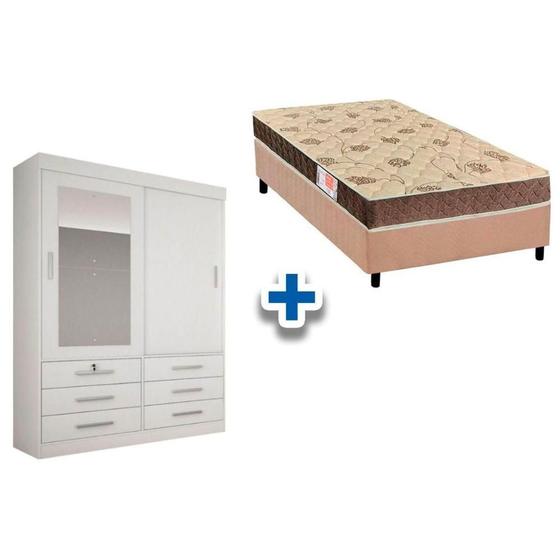 Imagem de Cama Box Solteiro + Colchão D33 Comfortpedic + Guarda Roupa Sonare Branco