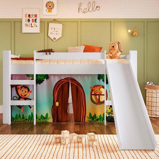 Imagem de Cama Cabana Infantil Montessoriana Com Escorregador Branco E Cortina Estampada Zoo Cirion Shop