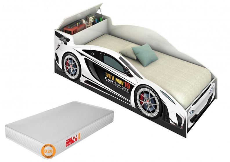 Imagem de Cama Carro Infantil Branco Com Baú E Colchão Menino Menina Caminha Resistente Prateleiras Casinha Bonecas Grade Elegante Cercado Quarto Bebê Criança