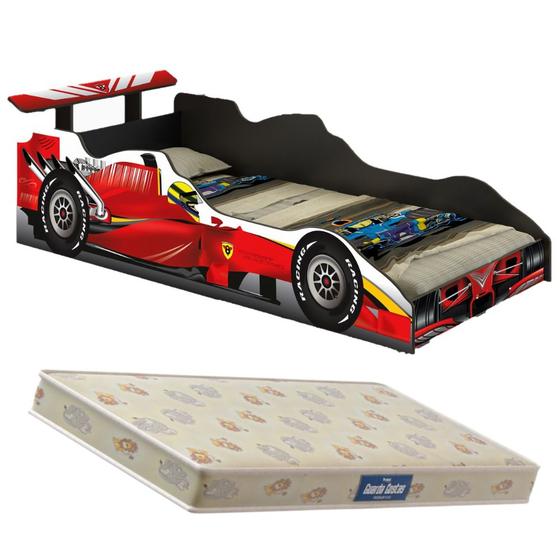Imagem de Cama Carro Infantil Formula 1 Vermelho com Colchão Juvenil 100% MDF Quarto