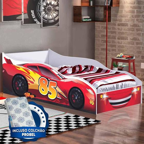 Imagem de Cama Carro Vermelho Infantil Red Gabrielli Móveis Com Colchão Probel Guarda Costas