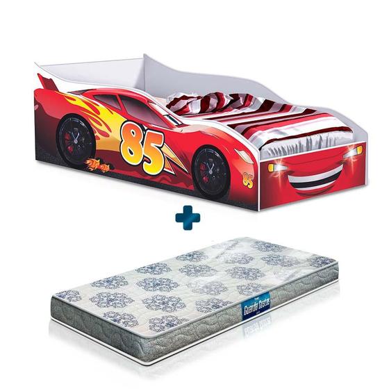 Imagem de Cama Carro Vermelho Infantil Red Gabrielli Móveis Com Colchão Probel Guarda Costas