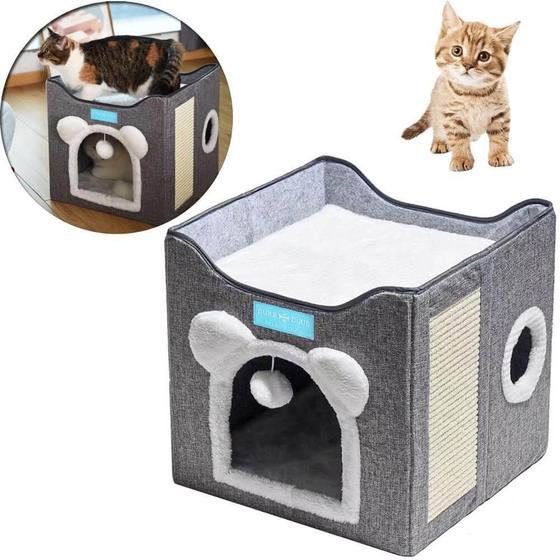 Imagem de Cama Casa Para Gatos Com 2 Andares Dobrável Arranhador Cinza